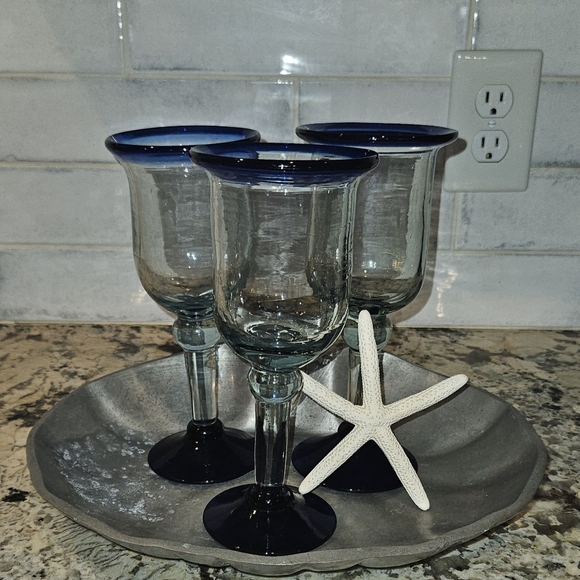Hand Blown Mexican Blue-Rimmed Glass Goblets - Picture 2 of 2